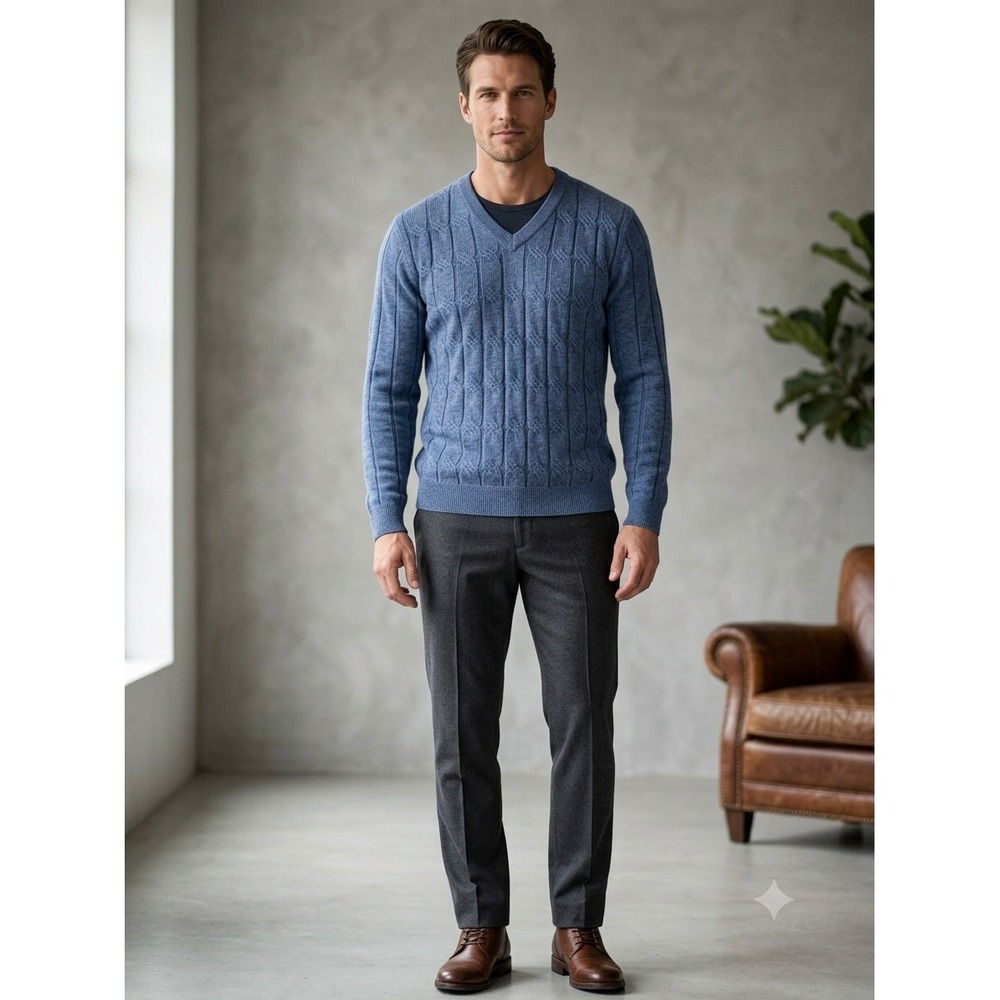Turnbury Merino Wool Blend V-Neck Sweater Blue Diamond Knit Mens XLT Tall
